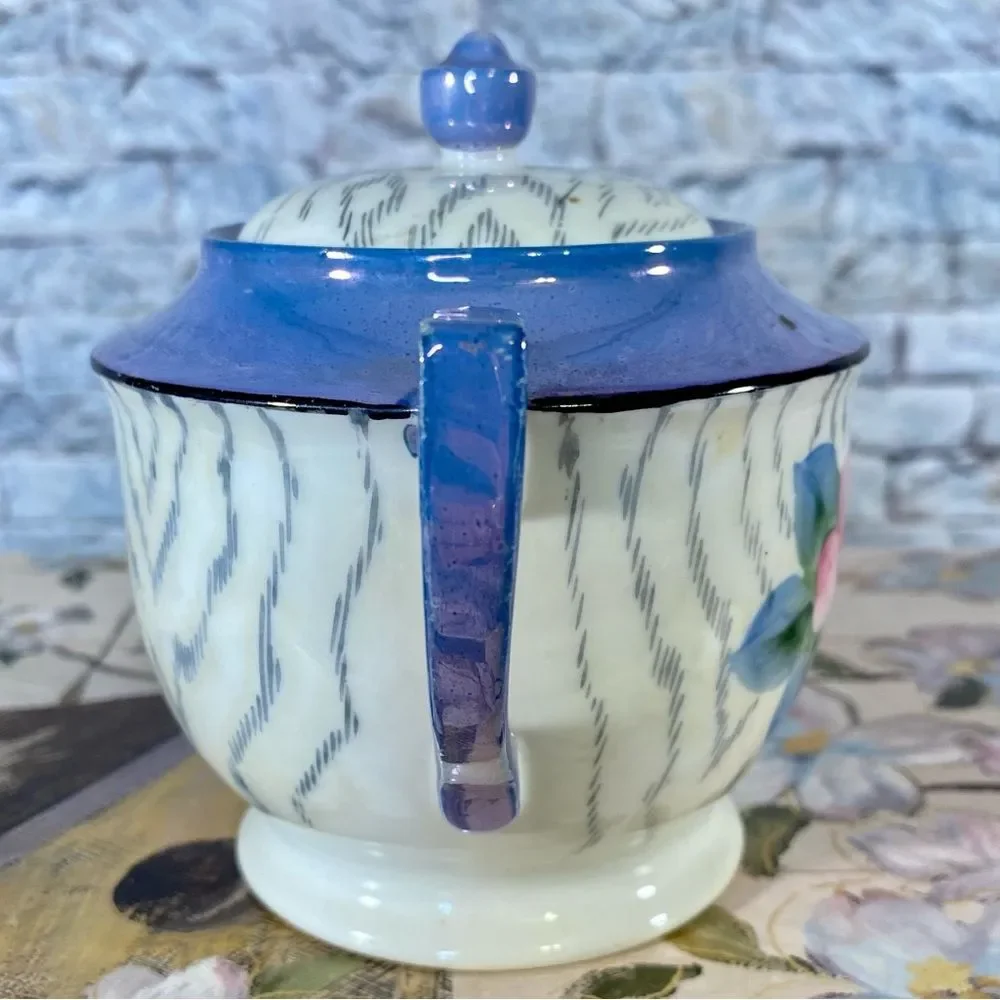 Chikaramachi Hand Painted Sugar Bowl Matching Lid Made in Japan Floral Stamped